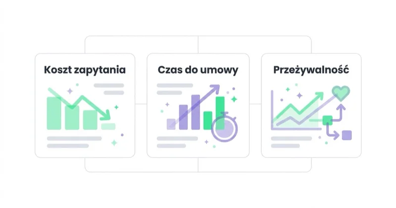 Diagram: Co mierzyć poza podpisaną umową — Koszt zapytania, Czas do umowy, Przeżywalność.
