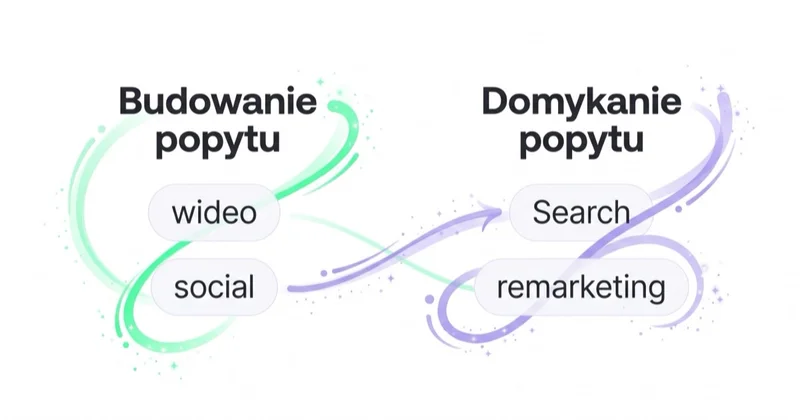 Kanały premium dzielą się na budowanie popytu (wideo, social) i domykanie popytu (Search, remarketing).