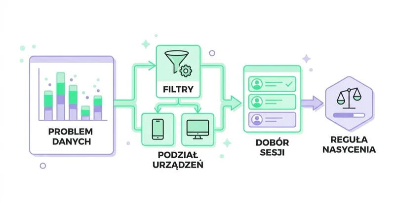 Diagram: celowy dobór sesji do obejrzenia — od problemu w danych ilościowych, przez filtry i podział na urządzenia, do reguły nasycenia.