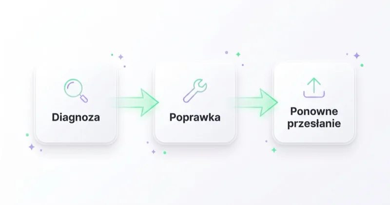 Schemat procesu naprawy odrzuconego produktu w trzech krokach: diagnoza, poprawka i ponowne przesłanie feedu.