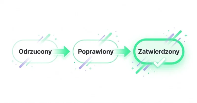 Cykl statusu produktu w Merchant Center od statusu odrzucony, przez poprawiony, po zatwierdzony.