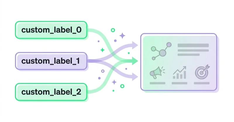 Diagram: Etykiety własne pomagają zarządzać biznesem — custom_label_0, custom_label_1, custom_label_2.