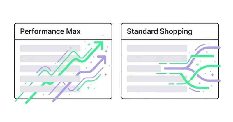 Dwie osobne karty — Performance Max i Standard Shopping — jako dwa różne typy kampanii dla sklepu internetowego.