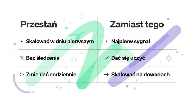 Diagram: start Google Ads — czego unikać, co robić.