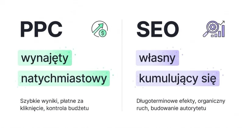 PPC to ruch wynajęty i natychmiastowy; SEO to ruch własny i kumulujący się.