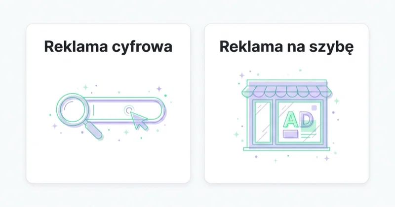 Dwie karty porównujące reklamę cyfrową salonu kosmetycznego z reklamą na szybę i oznakowaniem lokalu.