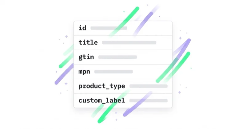 Karta kolumn pliku produktowego dla sklepu z częściami z sześcioma polami danych: id, title, gtin, mpn, product_type i custom_label.