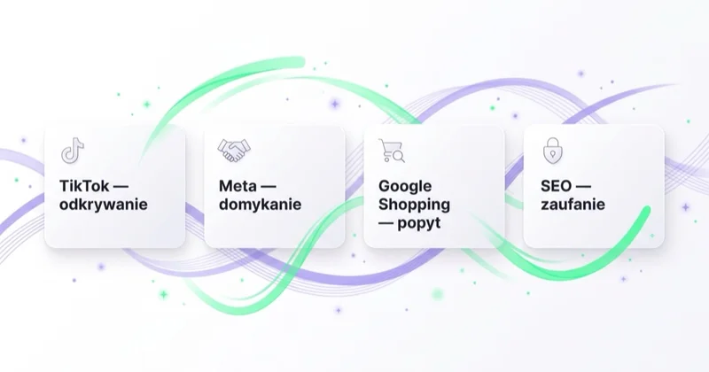 Role kanałów w reklamie suplementów: TikTok buduje odkrywanie, Meta domyka, Google Shopping łapie popyt, SEO buduje zaufanie.