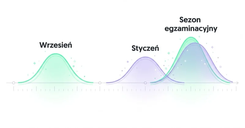 Okna naboru szkoły językowej na osi roku: wrzesień, styczeń i sezon egzaminacyjny.