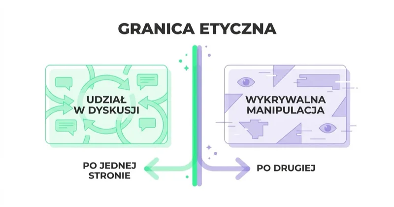 Granica etyczna: udział w dyskusji po jednej stronie, wykrywalna manipulacja po drugiej.