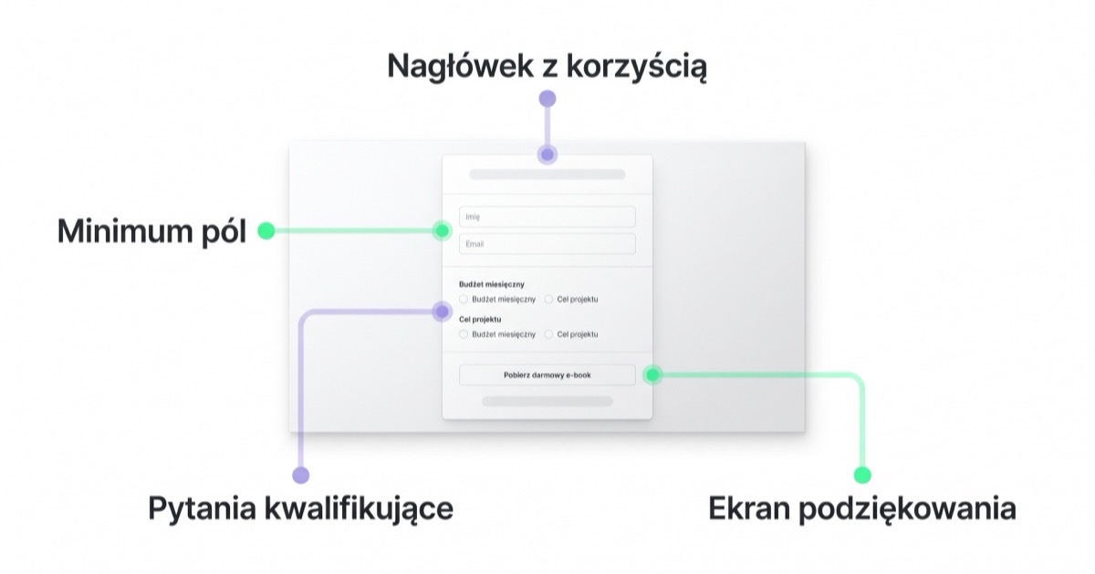 Anatomia skutecznego formularza lead: nagłówek z korzyścią, minimum pól, pytania kwalifikujące, ekran podziękowania