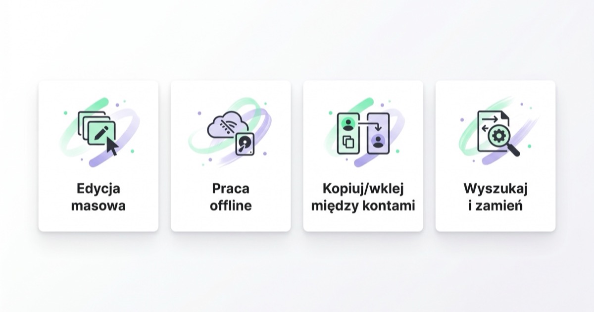 Najważniejsze funkcje Google Ads Editor: edycja masowa, praca offline, kopiowanie między kontami, wyszukaj i zamień