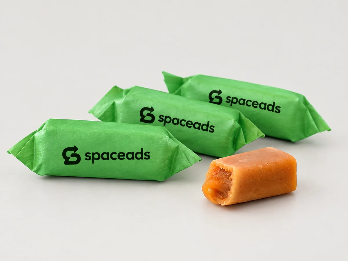 Krówki w zielonych papierkach z logo Space Ads i rozpakowany cukierek.
