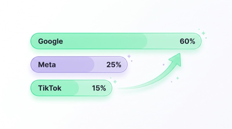 Schemat podziału budżetu między Google, Meta i TikTok