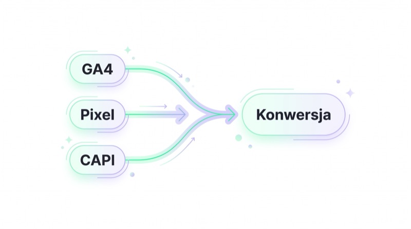 Schemat pomiaru: GA4, Pixel i CAPI prowadzące do konwersji
