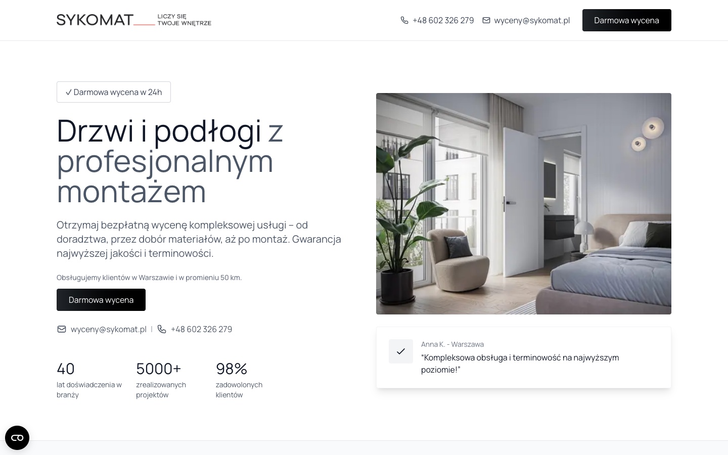 Jeden z tematycznych landing page’y Sykomat — ścieżka do bezpłatnej wyceny drzwi i podłóg z montażem.